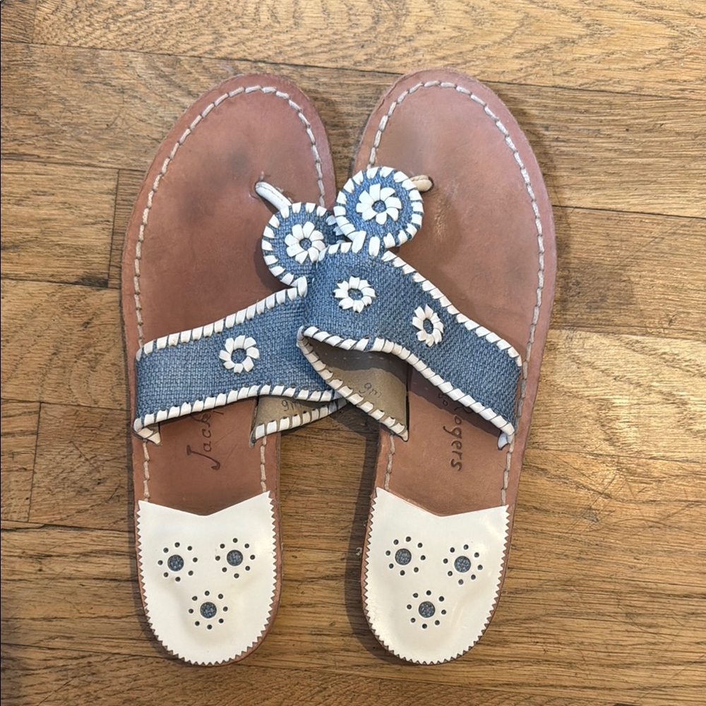 Rare blue and white raffia and leather jack rogers